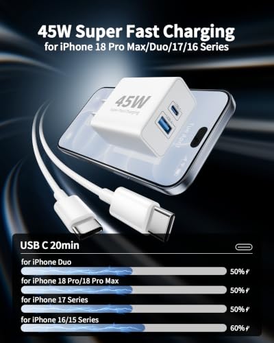 iPhone 18 Pro/18 Pro Max/Duo/18/17/16 Charger, 2Pack 45W Fast USB C Charger - color: White, size: 10FT