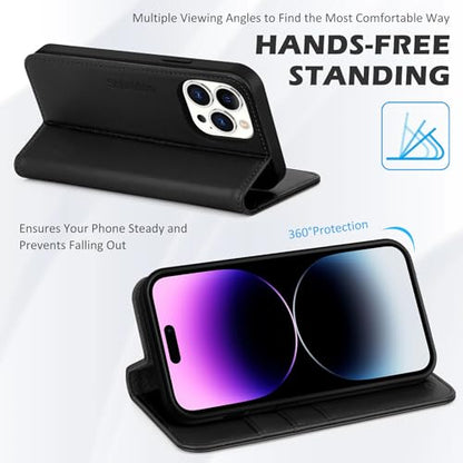 SHIELDON Genuine Leather Wallet Case for iPhone 14 Pro 6.1" 2022, Black | Magnetic Closure, RFID Blocking, Credit Card Holder, Kickstand, Folio Book Design, Shockproof Phone Cover - color: Black