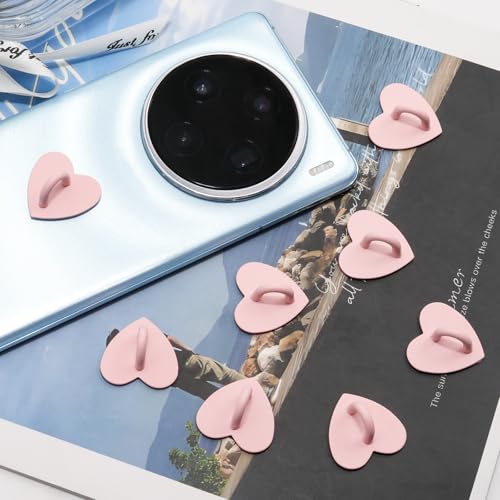8 Pcs Heart Cell Phone Grip Finger Ring Charm Hooks, Pink Metal Adhesive Finger Grip Loops for DIY Cases, Tablets & Keychains