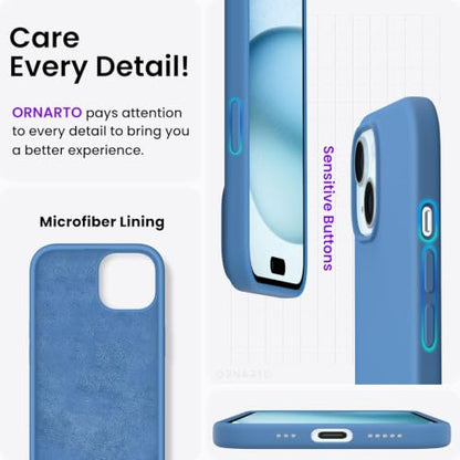 ORNARTO Compatible with iPhone 15 Case 6.1, Slim Liquid Silicone 3 Layers Full Covered Soft Gel Rubber Phone Case, Anti-Scratch Shockproof Protective Cover 6.1 Inch, Blue - color: Blue
