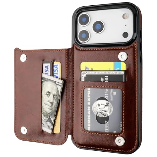 ONETOP for iPhone 17 Pro Max Wallet Case with Credit Card Holder,Brown | Kickstand,ID/Cash Holder,Case Wallet with Card Slots,Double Magnetic Clasp,Durable PU Leather Shockproof Cover for Women Men - color: Brown