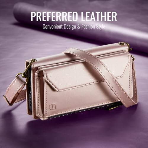 Strapurs Crossbody Wallet Case Compatible with Samsung Galaxy Z Fold 3 with RFID Blocking Card Holder & Pen Holder Slot Soft PU Leather Shoulder Strap Zipper Pocket Purse Fold 3 Phone Case, Rose Gold | RFID Blocking 5-Card Holder, Shoulder Lanyard, Wirst