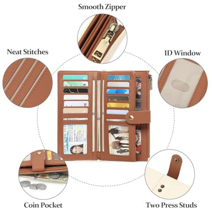 GAEKEAO Wallets for Women Leather RFID Blocking Large Capacity Card Case Ladies Wristlet Clutch Wallets Zipper Pocket with 4 ID Windows 21 Card Slots - color: White-Brown
