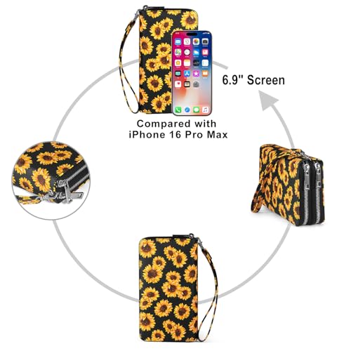 RFID Wallet for Women with Cellphone Pocket - Double Zipper Wristlet Purse Large Capacity, 17 Card Slots, Coin Pocket, Sunflower Print - color: Sunflower