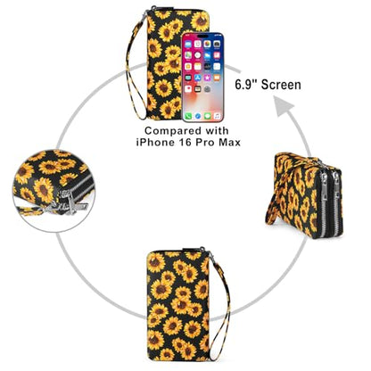 RFID Wallet for Women with Cellphone Pocket - Double Zipper Wristlet Purse Large Capacity, 17 Card Slots, Coin Pocket, Sunflower Print - color: Sunflower