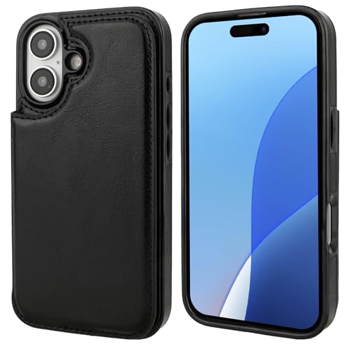 ONETOP for iPhone 16 Wallet Case with Credit Card Holder,Black | Kickstand,ID/Cash Holder,Case Wallet with Card Slots,Double Magnetic Clasp,Durable PU Leather Shockproof Cover for Women Men - color: Black