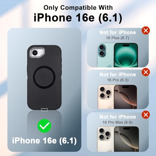 Defender for iPhone 16e Case with Belt Clip and Kickstand, Black Grey 6.1" | Compatible with MagSafe, Heavy Duty Drop Protection, Rugged Shockproof Protective Case for iPhone 16e with Kickstand - color: Black+Grey