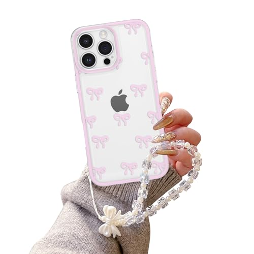 EYZUTAK Case for iPhone 12 Pro, Clear Cute Ribbon Bowknot Aesthetic Phone Case with Charm Bracelet Chain Raised Camera Protection Stylish Soft Durable TPU Protective Cover for Women Girls - Pink - color: Pink, size: iPhone 12 Pro