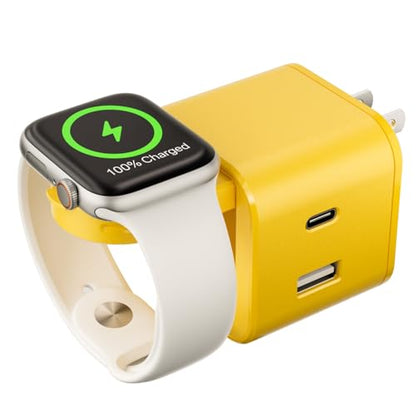 BeaSaf 36W for Apple Charging Block with Built-in Watch Charger, Foldable PD Fast Charger Block for iPhone, Dual Ports Wall Charger Compatible with Apple Watch iPhone AirPods (Yellow) - color: Yellow