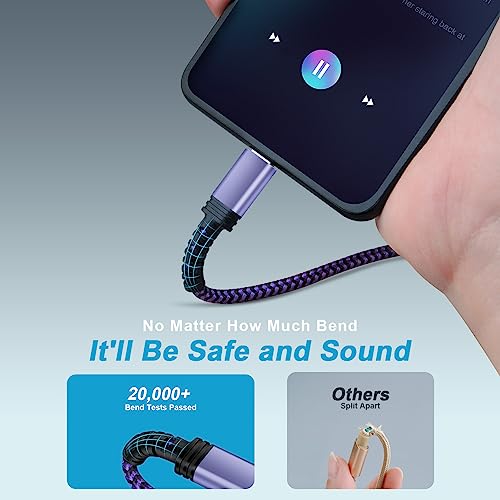 USB C Charger Cable Fast Charger Phone Android Power Cord 5FT/3Pack Braided - color: White,Blue,Purple