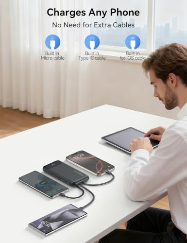 Nusyddy Portable Charger 10000mAh with 4 Built-in Cables & 6 Outputs Black - color: Black