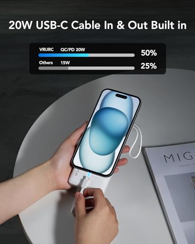 VRURC Power Bank for iPhone, 22.5W Portable Charger with Built-in Cables - color: White
