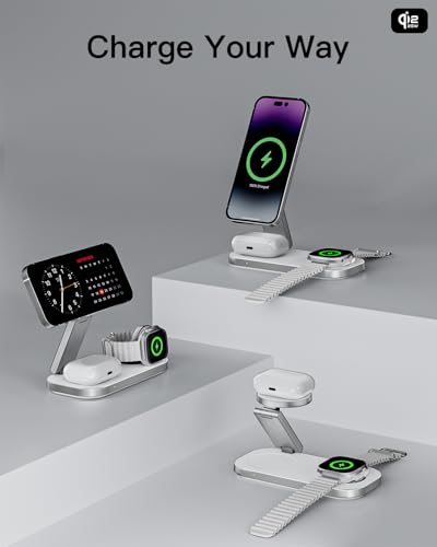 3-in-1 Charging Station for Apple Device, Qi2 25W Certified Magnetic Wireless Fast Charger Stand Compatible with MagSafe for iPhone 18/17/16/15/14/13/12/Air/Duo Series, Apple Watch & AirPods - color: White+Silver