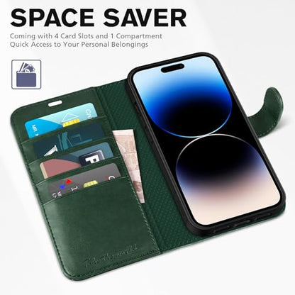 TUCCH Wallet Case for iPhone 14 Pro (6.1"), 4 Card Holders, Midnight Green | RFID Blocking, Viewing Stand, Shockproof TPU Shell, PU Leather, Magnetic Closure, Protective Folio Flip Cover - color: Midnight Green