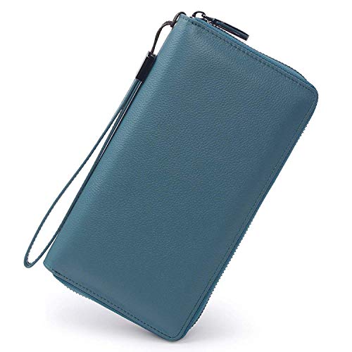 Bveyzi Women RFID Blocking Wallet Leather Zip Around Phone Clutch Large Capacity Ladies Travel Purse Wristlet - color: Lake Blue