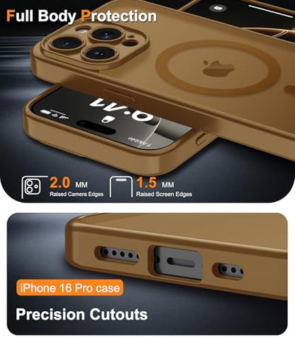Magnetic Case for iPhone 16 Pro Case with Screen Protector+Wrist Strap | Compatible with MagSafe,Full Camera Protection,Slim Translucent Matte Phone Cover,Brown - color: Brown