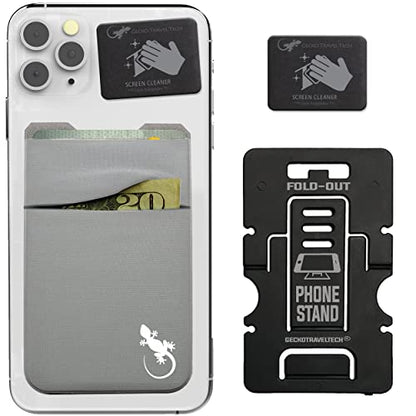 Gecko Travel Tech Double Pocket - Adhesive Card Holder - Cell Phone Pouch - Stick on Spandex Pocket - Carry Credit Cards and Cash - Gray-White - color: GRAY-WHITE