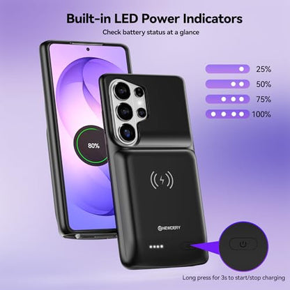 NEWDERY Battery Case for Samsung Galaxy S26 Ultra/S25 Ultra 6.9", 9500mAh | Protable Charger Case with Led Indicators, Qi Wireless Charging Supported, Rechargeable Battery Pack for Travel Use - size: For Galaxy S26 Ultra 6.9"