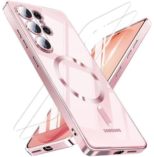 Magnetic for Samsung Galaxy S26 Ultra Case with 2X Screen Protector & Full Camera Cover,Fit with MagSafe,Plating Soft Glossy Luxury Shockproof Women Girls Phone Cases for Galaxy S 26 Ultra ,Pink - color: Pink-S26 Ultra