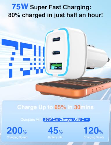 75W 3-Port Super Fast USB C Car Charger for iPhone 18/17/16 Pro Max - color: White