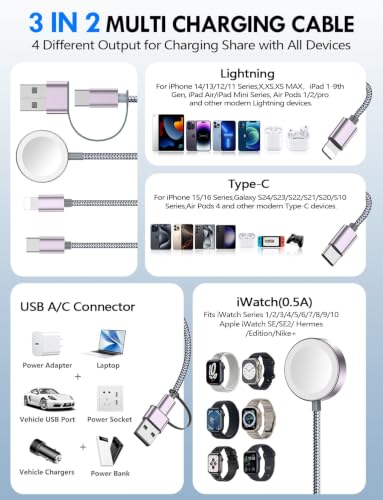 1Pack Travel Essentials for Apple Watch Charger,3-in-2 Multi Charging Cable - color: Gray, size: 1Pack-6 FT