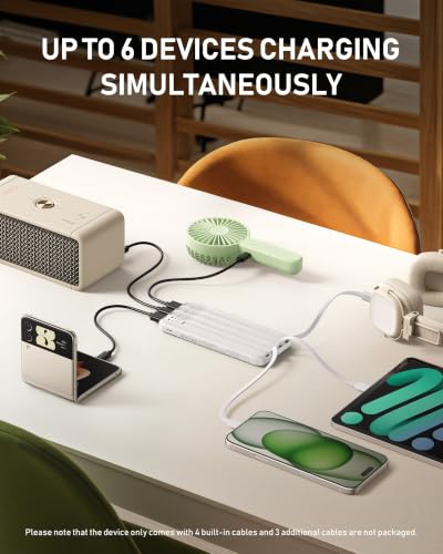 charmast Portable Charger Built-in Cables, 10000mAh Slim Power Bank Pocket - color: White