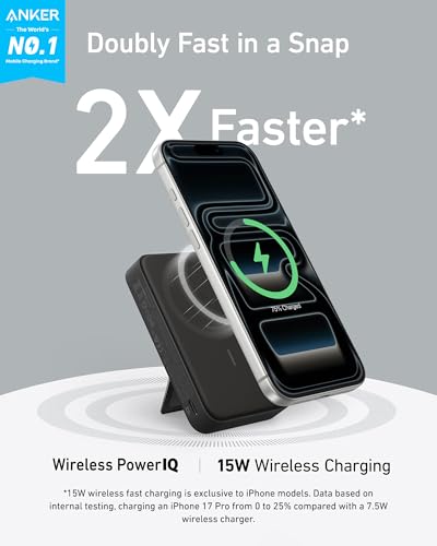 Anker MagGo Power Bank, 10,000mAh Qi2-Certified 15W Max Portable Charger | Fast MagSafe-Compatible Battery Pack, Smart Display, Foldable Stand, for iPhone 16 / 15 / 14 / 13 Only (USB-C Cable Included) - color: Black
