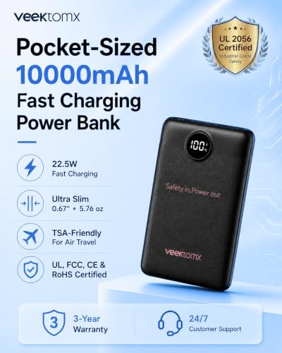 Portable Charger 10000mAh, Ultra Slim Power Bank Fast Charging (Black) - color: black