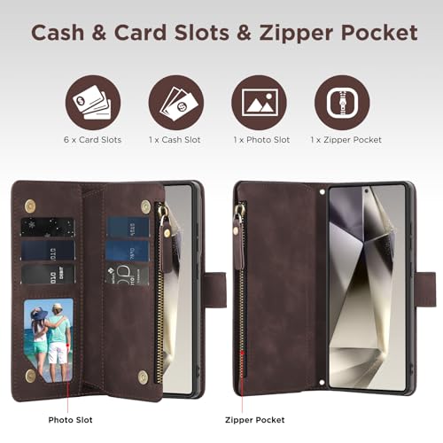 for Samsung Galaxy S24-Ultra-Wallet Case: with RFID Blocking Card Slots (6 Cards) | Soft PU Leather Magnetic Snap Zipper Pocket | Crossbody Wrist Strap Protective Phone Cover - Coffee - color: Coffee, size: Galaxy S24 Ultra（6.8‘’）