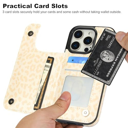 HAOPINSH for iPhone 16 Pro Wallet Case with Card Holder, Cream-Coloured Leopard Pattern Back Flip Folio PU Leather Kickstand Card Slots Case for Women Girls, Double Magnetic Clasp Shockproof 6.3" - color: Cream-coloured Leopard