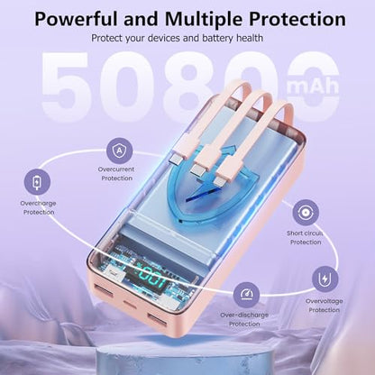 Portable Charger Power Bank 50800mAh,25W USB C Fast Charging Battery Pack with 3 Built in Cables & LED Display,6 Outputs 2 Inputs Travel Essentials Phone Charger for iPhone 18/17/16/15,Android,Pink - color: Pink