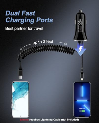 iPhone 18 17e USBC Car Charger with Built-in 3ft Coiled Cable Fast Charging - color: Black Coiled Charger