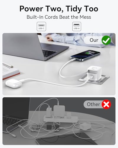 USB-C Charger Block, 30W GaN 2 Port Fast Charging w/Built-in Retractable C Cable & Foldable Plug, PD/PPS for iPhone 16Pro Max/16/Pixel 9 pro/Galaxy/iPad/MacBook (White-2pcs) - color: 30W*white*2