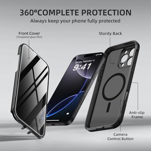 BERFY for iPhone 16 Pro Case, Compatible with MagSafe, Built-in Privacy Screen Protector, Camera Protection, Shockproof Full Body Phone Case 6.3", Translucent Black