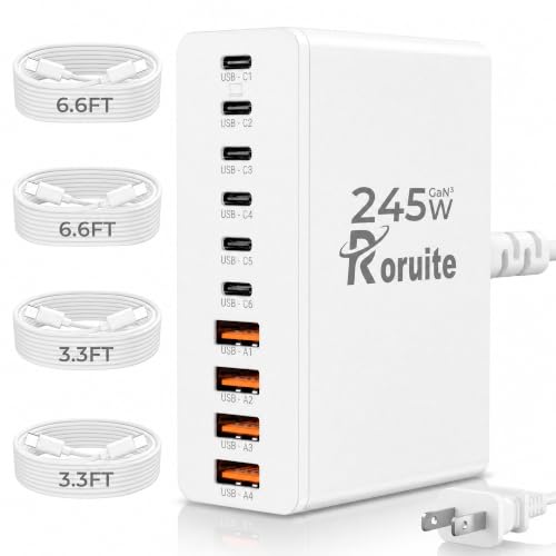 USB C Charging Station 10 Port with 4 Cables,245W GaN Charger Block - color: White