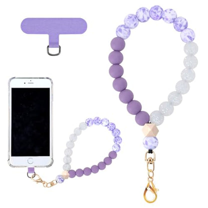 VICHUNHO Marble Silicone Beaded Phone Wrist Strap, Cellphone Lanyard with Tether Tab, Elastic Hands-Free Wristlet Bracelet - color: Purple Block