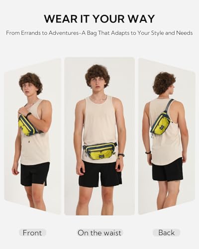 WATERFLY Small Fanny Pack RFID Blocking Travel Hiking Crossbody Waist Bag | Anti-theft design, Water resistant, Lockable zipper, Hidden rear pocket, Lightweight hip belt bag, EDC Running, Cycling, Gym - color: Yellow-Blue