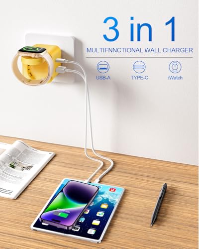 BeaSaf 36W for Apple Charging Block with Built-in Watch Charger, Foldable PD Fast Charger Block for iPhone, Dual Ports Wall Charger Compatible with Apple Watch iPhone AirPods (Yellow) - color: Yellow