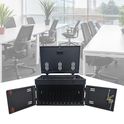12 Device Charging Station for Laptops & Tablets, Portable Lockable Charging Cabinet Lock Box with Cable Management,Fits 17in Laptop Computers Chromebooks, for Classroom, Library, and Office(Black)