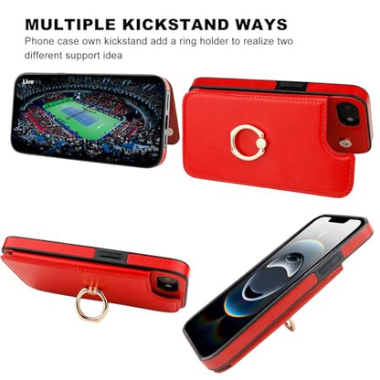ONETOP for iPhone 17e/16e Wallet Case with Credit Card Holder,Red | 360° Rotation Ring Kickstand,Finger Grip,Double Magnetic Clasp,RFID Blocking PU Leather Shockproof Cover for Women Men - color: Red