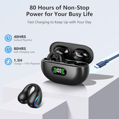 Open Ear Bone Conduction Headphones Bluetooth 5.3 Wireless Clip On Earbuds with Digital Display Charging Case 60 Hours Playtime Sport Earphones Built-in Mic IPX7Waterproof for Running Fitness Exercise