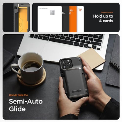 VRS DESIGN Compatible with iPhone 15 Pro Max Case with Card Holder [Damda Glide Pro], Sturdy Semi Auto 4-Card Slot, High Durability & Style Designed for iPhone 15 Pro Max (2023) Groove Khaki - color: Khaki, size: iPhone 15 Pro Max