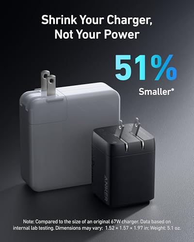 Anker USB Charger Block, 67W GaN Wall Charger, 3-Port Compact Fast Charging