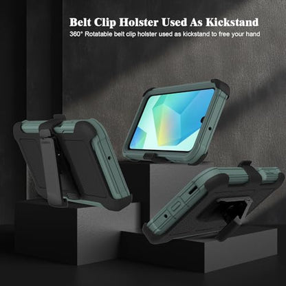 for Samsung Galaxy A16 5G Case with 2 Pack Tempered Glass Screen Protector, [Holster Series] Belt Clip Hard Tough Heavy Duty Rugged Shockproof Protective Cell Phone Case (Dark Green) - color: Dark Green