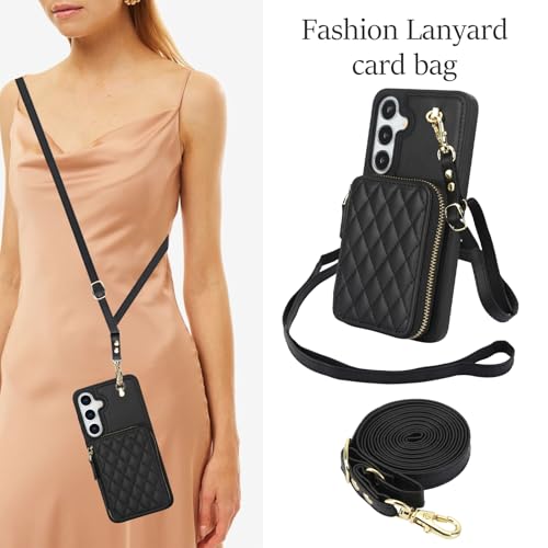 Asuwish Phone Case for Samsung Galaxy S25 5G Wallet Cell Cover with Tempered Glass Screen Protector Wrist Crossbody Strap RFID Blocking Credit Card Holder S 25 25S 25 25S SM-S931U Women Girls Black - color: Black