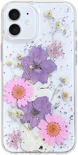 Abbery Designed for iPhone 12 Mini 5.4 inch Pressed Flower Case, Cute Bling Glitter Sparkle Clear with Design Soft Silicone TPU Rubber Dried Real Floral Aesthetic Case for Women Girls (Glitter Flower) - color: Glitter Flower, size: for iPhone 12 Mini