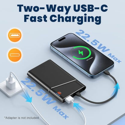 Aaoyun 10000mAh Portable Power Bank, 22.5W PD Fast Charging Battery Pack with Built-in USB-C Cable, Ultra-Slim External Phone Charger for iPhone 17/16/15, Samsung Galaxy S24, Android (Black) - color: Black