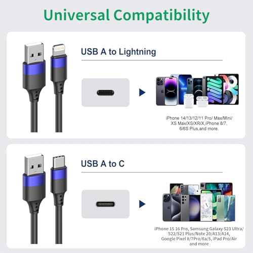 1ft Multipack Short iPhone Charger Cable for iPhone 14 13 12, Bulk Short USB A to USB C Cable 12 inch for Charging Station Compatible with iPhone 15 Samsung Galaxy S20 S10 Note 20 10, 10 Pack Mixed - size: 1 Foot, style: 5P Lightning + 5P USB-C