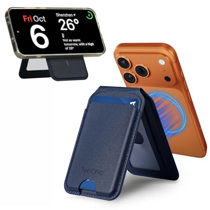 Magnetic Phone Wallet Stand for iPhone,4-Card Holder with RFID Blocking,6X Stronger Magnet,0.28in Slim Vegan Leather,Built-in Mirror &180° Stand for iPhone 17/16/15/14/13/12 Series(Dark Blue) - color: Dark Blue