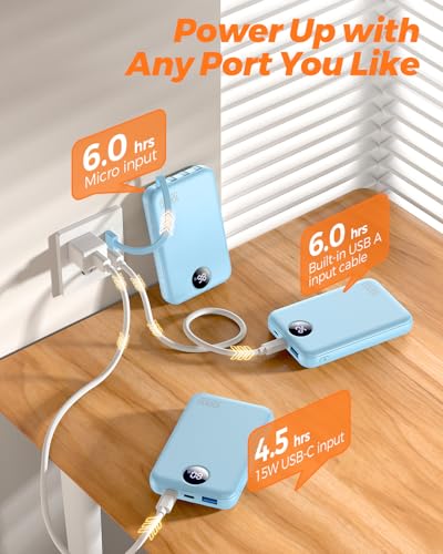 Portable Charger 10000mAh with 4 Built-in Cables 40% Smaller - color: Light Blue